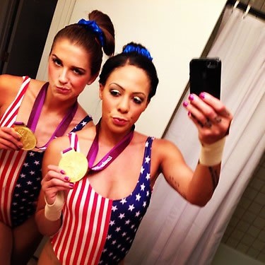 Alex Morgan and Sydney Leroux as Gabby Douglas and Mckayla Maroney for Halloween